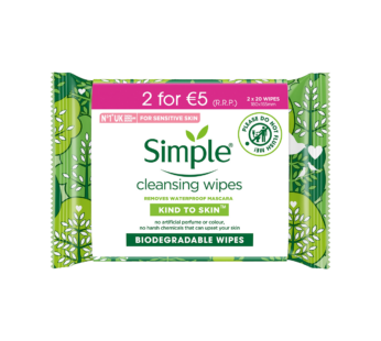 SIMPLE – Biodegradable Face Cleansing Wipes TwinPack – 2×20’s